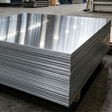 Bundles of ASTM A240 SS 409M and RDSO C-K201 stainless steel sheets and plates stacked in a manufacturing factory yard in India.